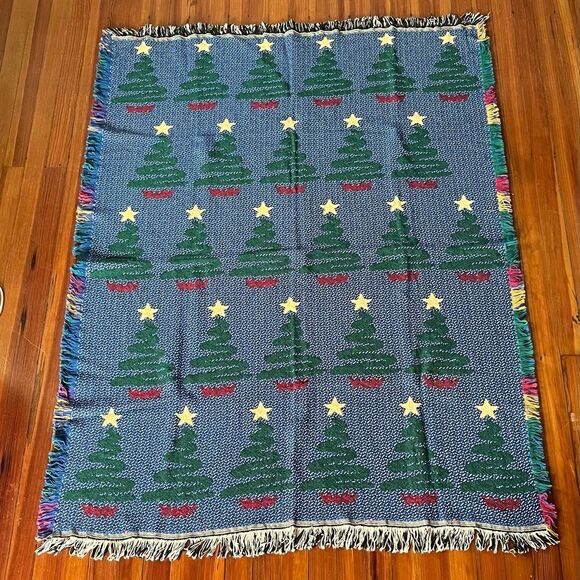 Vintage Christmas Tree Throw Afghan Tapestry Wall Hanging Holiday 65 In X 48 In - Picture 2 of 5